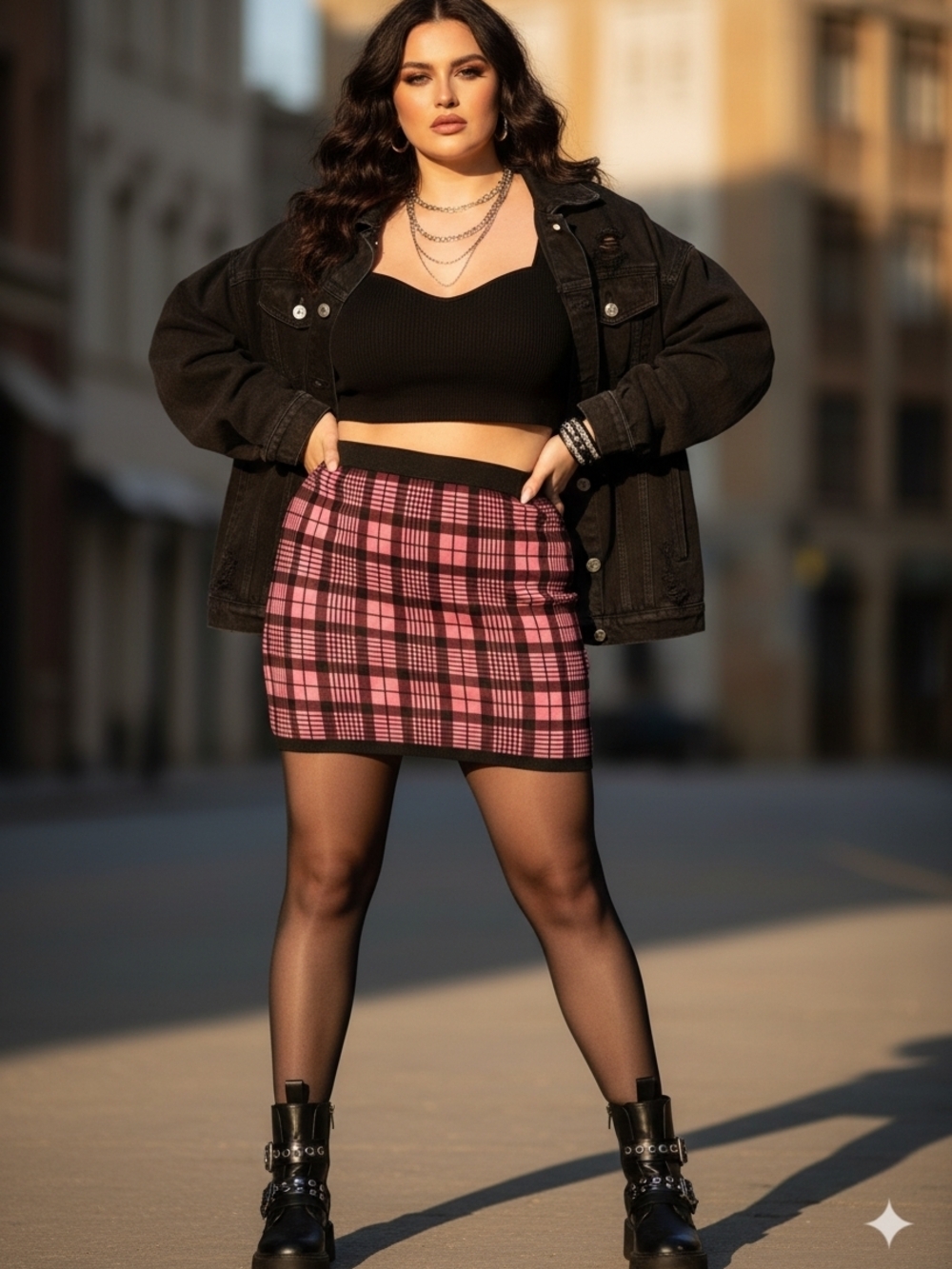 💕Curvy Girl Brand Pink and Black Plaid Knit Mini Skirt